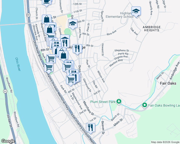 map of restaurants, bars, coffee shops, grocery stores, and more near 435 Elm Road in Ambridge