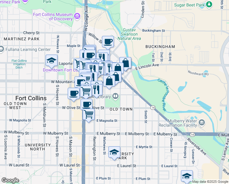 map of restaurants, bars, coffee shops, grocery stores, and more near 324 East Oak Street in Fort Collins