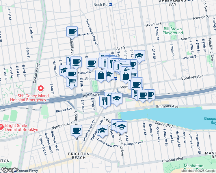 map of restaurants, bars, coffee shops, grocery stores, and more near 3255 Shore Parkway in Brooklyn