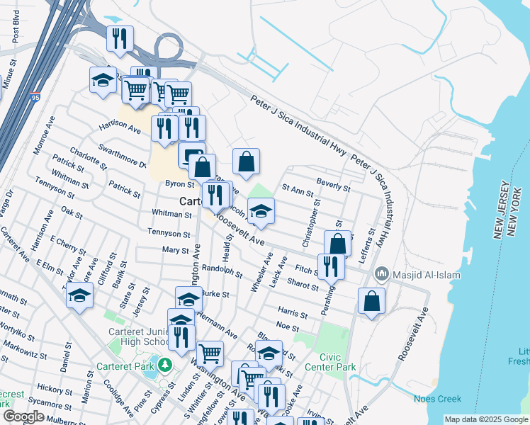 map of restaurants, bars, coffee shops, grocery stores, and more near 56 Grant Avenue in Carteret