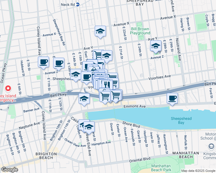 map of restaurants, bars, coffee shops, grocery stores, and more near 2726 East 19th Street in Brooklyn
