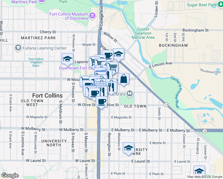 map of restaurants, bars, coffee shops, grocery stores, and more near 215 East Oak Street in Fort Collins