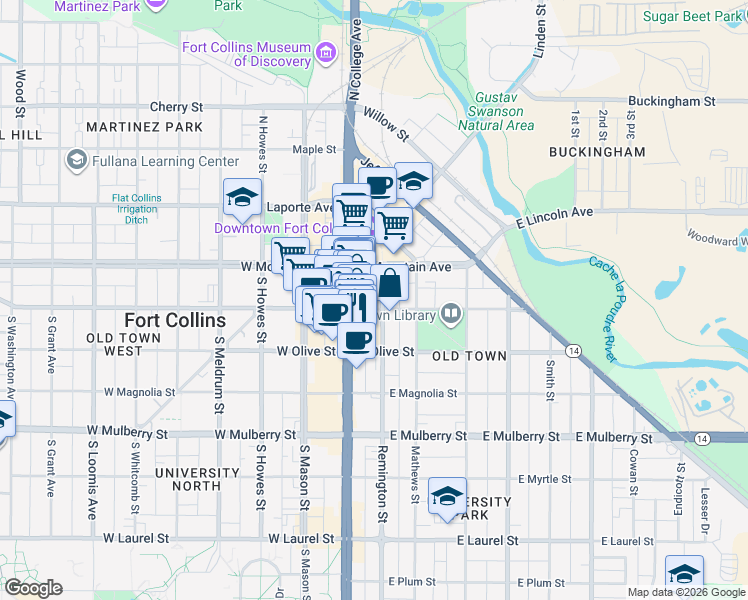 map of restaurants, bars, coffee shops, grocery stores, and more near 149 Remington Street in Fort Collins