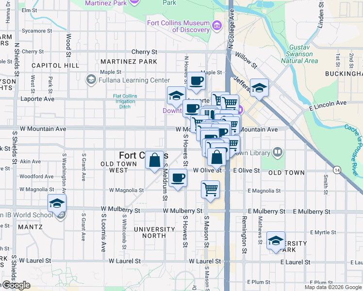 map of restaurants, bars, coffee shops, grocery stores, and more near 300 West Oak Street in Fort Collins