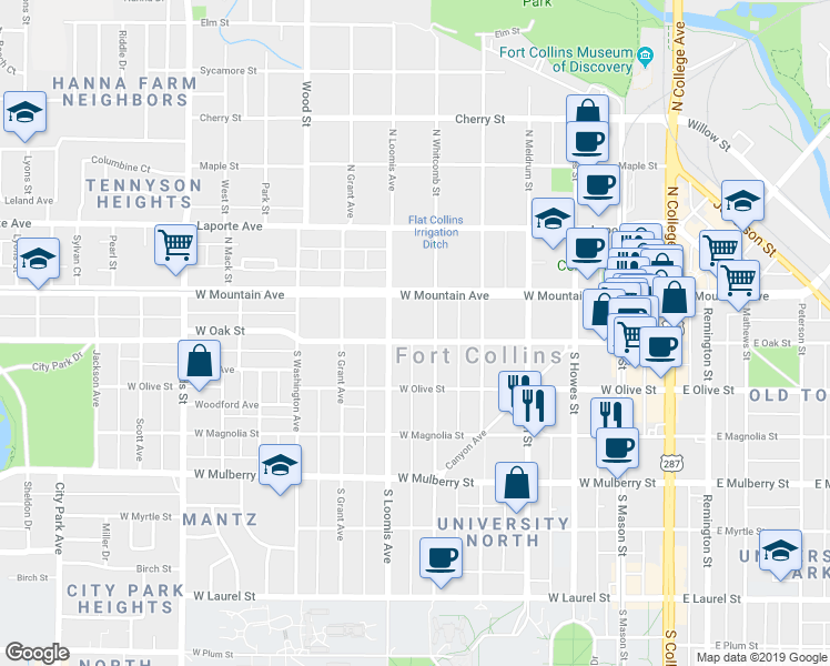 map of restaurants, bars, coffee shops, grocery stores, and more near 605 West Oak Street in Fort Collins