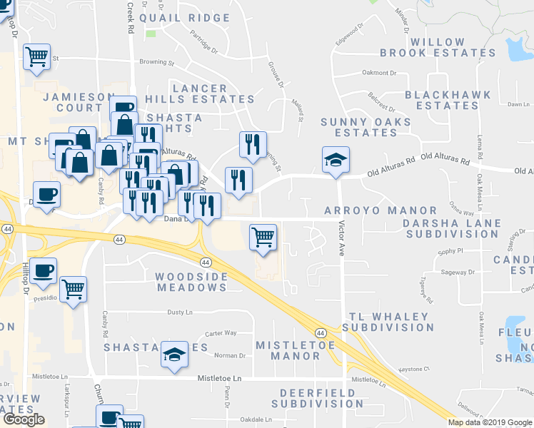 map of restaurants, bars, coffee shops, grocery stores, and more near 1547 Dana Drive in Redding
