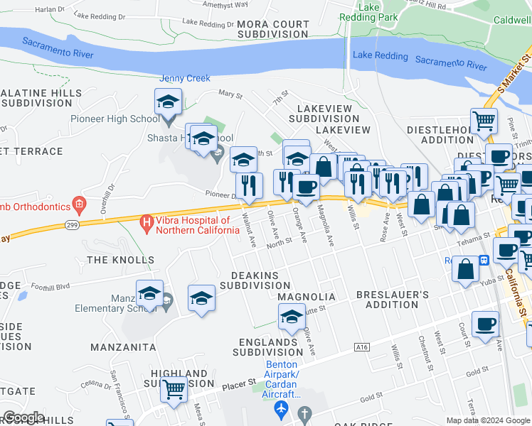 map of restaurants, bars, coffee shops, grocery stores, and more near 1121 Olive Avenue in Redding