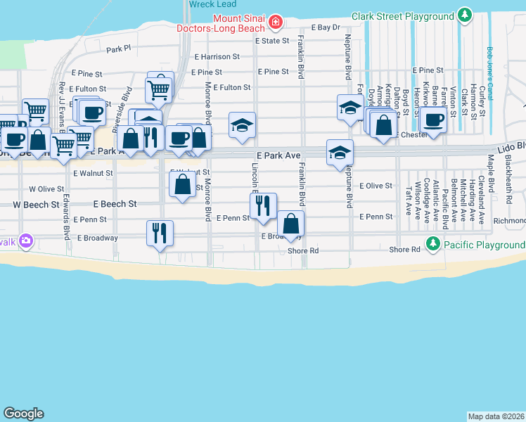 map of restaurants, bars, coffee shops, grocery stores, and more near 420 East Penn Street in Long Beach
