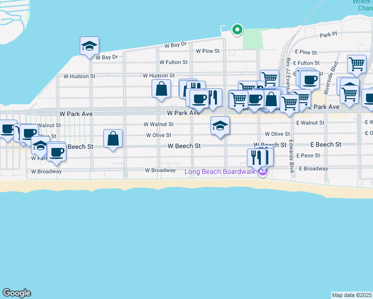 map of restaurants, bars, coffee shops, grocery stores, and more near 204 Laurelton Boulevard in Long Beach