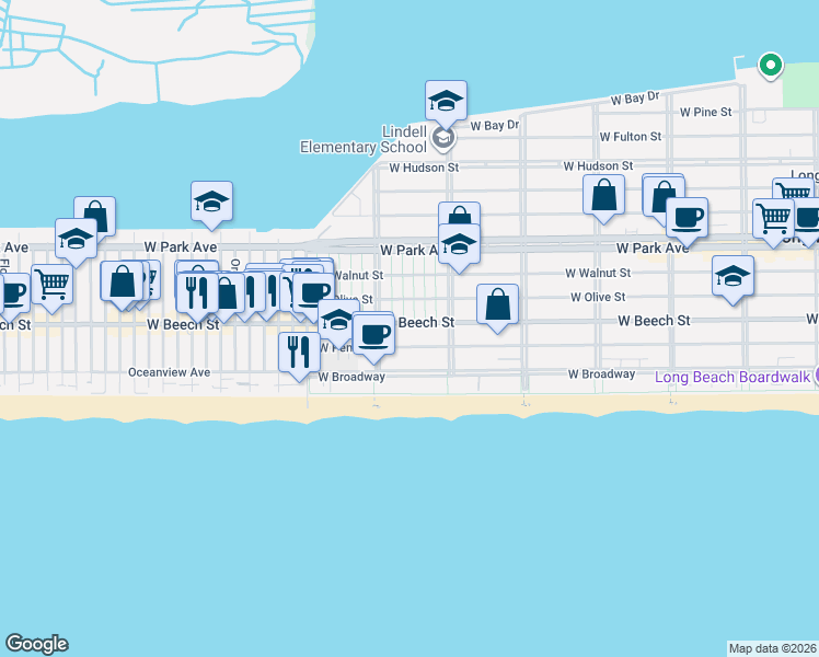 map of restaurants, bars, coffee shops, grocery stores, and more near 645 West Penn Street in Long Beach