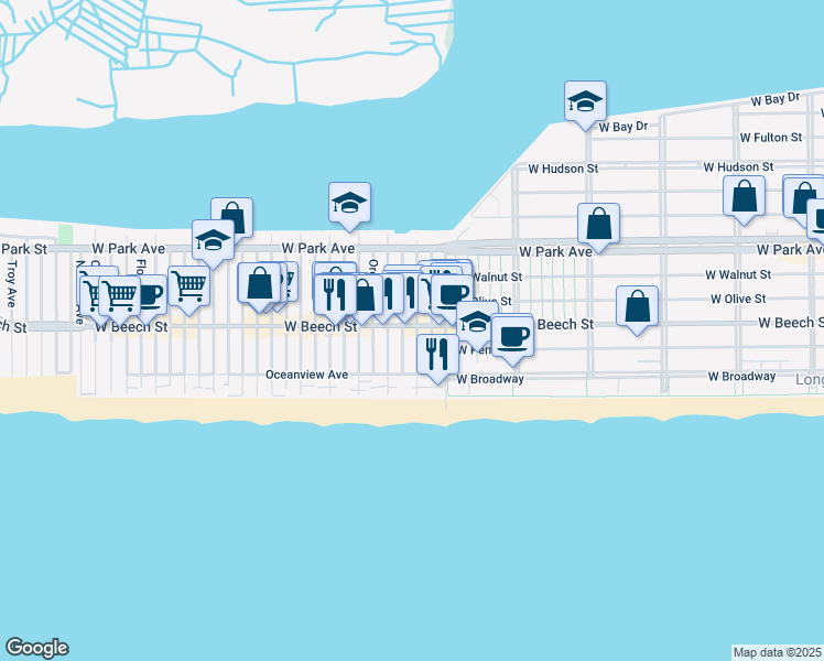 map of restaurants, bars, coffee shops, grocery stores, and more near 43 California Street in Long Beach