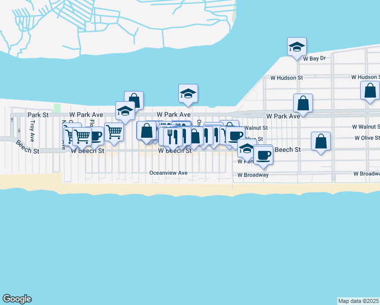 map of restaurants, bars, coffee shops, grocery stores, and more near 43 Delaware Avenue in Long Beach