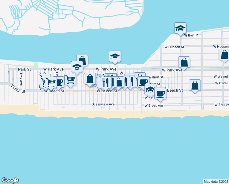map of restaurants, bars, coffee shops, grocery stores, and more near 43 Delaware Avenue in Long Beach