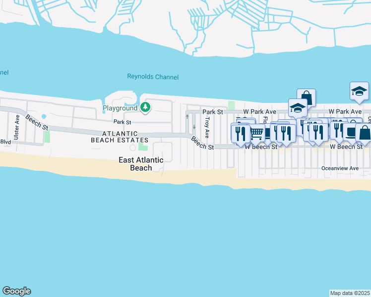 map of restaurants, bars, coffee shops, grocery stores, and more near 29 Malone Avenue in East Atlantic Beach