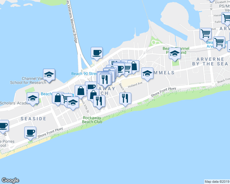 map of restaurants, bars, coffee shops, grocery stores, and more near 92-04 Holland Avenue in Queens