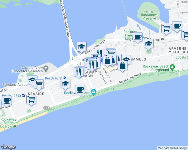 map of restaurants, bars, coffee shops, grocery stores, and more near 92-04 Holland Avenue in Queens