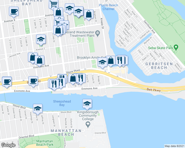 map of restaurants, bars, coffee shops, grocery stores, and more near 2797 Ford Street in Brooklyn