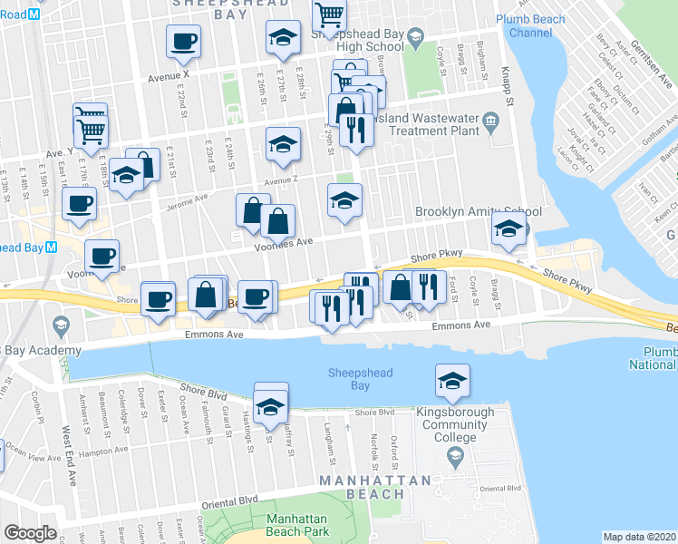 map of restaurants, bars, coffee shops, grocery stores, and more near 3643 Shore Parkway in Brooklyn