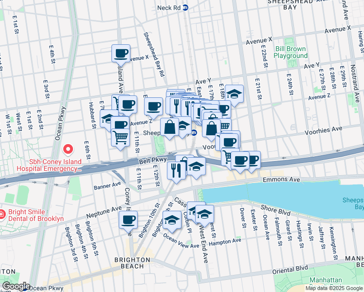 map of restaurants, bars, coffee shops, grocery stores, and more near 3225 Shore Parkway in Brooklyn