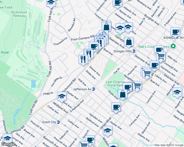 map of restaurants, bars, coffee shops, grocery stores, and more near 52 Stobe Avenue in Staten Island