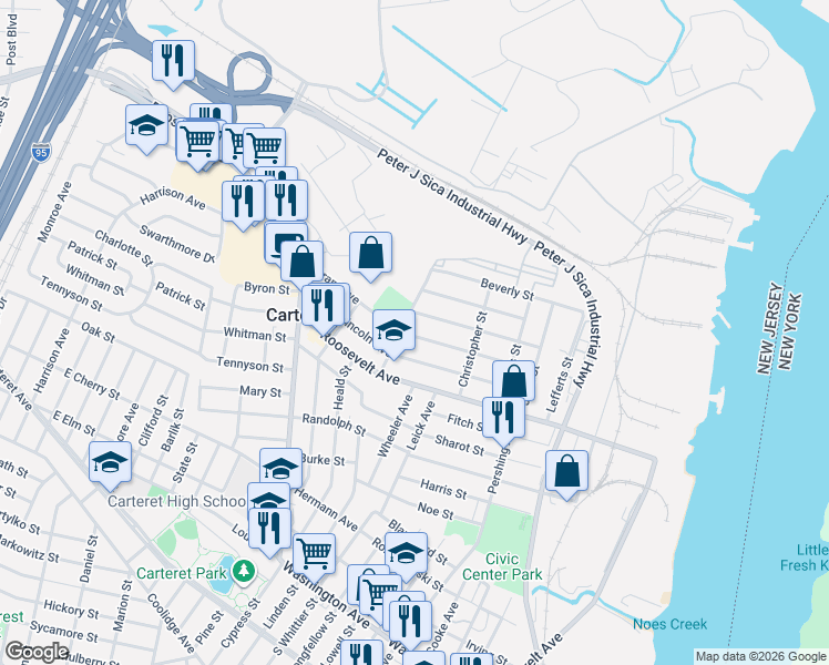 map of restaurants, bars, coffee shops, grocery stores, and more near 51 Grant Avenue in Carteret