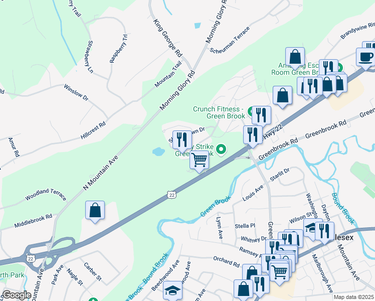 map of restaurants, bars, coffee shops, grocery stores, and more near 10 Dudley Court in Green Brook Township
