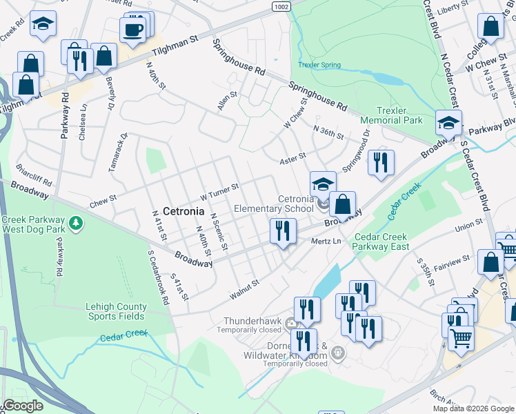 map of restaurants, bars, coffee shops, grocery stores, and more near 31 North 38th Street in Allentown