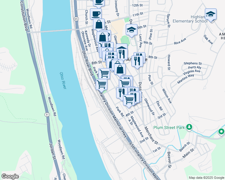 map of restaurants, bars, coffee shops, grocery stores, and more near 540 Park Road in Ambridge
