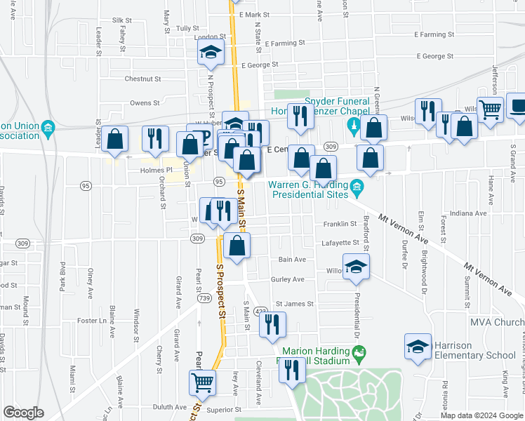map of restaurants, bars, coffee shops, grocery stores, and more near 258 South State Street in Marion