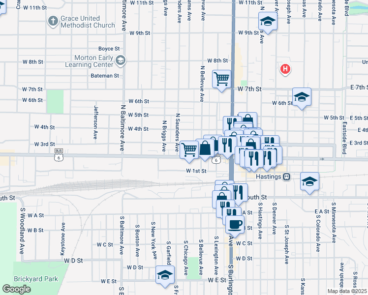 map of restaurants, bars, coffee shops, grocery stores, and more near 200-298 North Saunders Avenue in Hastings