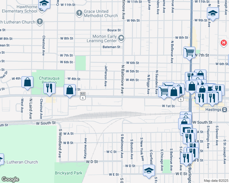 map of restaurants, bars, coffee shops, grocery stores, and more near 1518 West 2nd Street in Hastings
