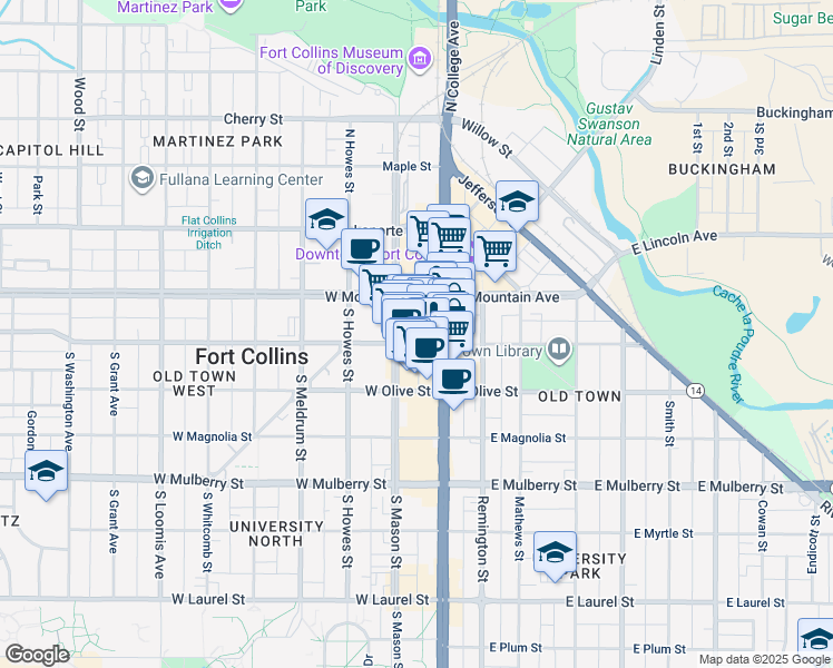 map of restaurants, bars, coffee shops, grocery stores, and more near 119 West Oak Street in Fort Collins