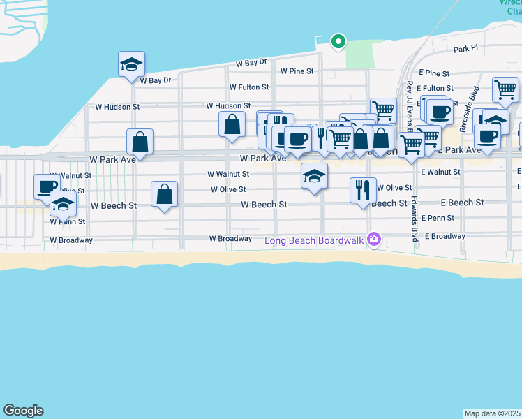 map of restaurants, bars, coffee shops, grocery stores, and more near 339 West Penn Street in Long Beach