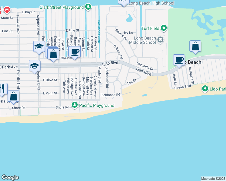 map of restaurants, bars, coffee shops, grocery stores, and more near 13 Carousel Lane in Lido Beach