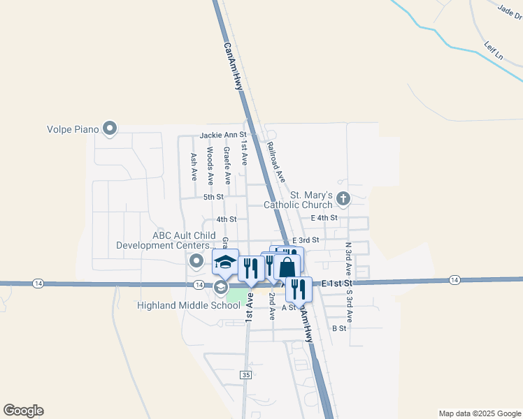 map of restaurants, bars, coffee shops, grocery stores, and more near 329 U.S. 85 in Ault