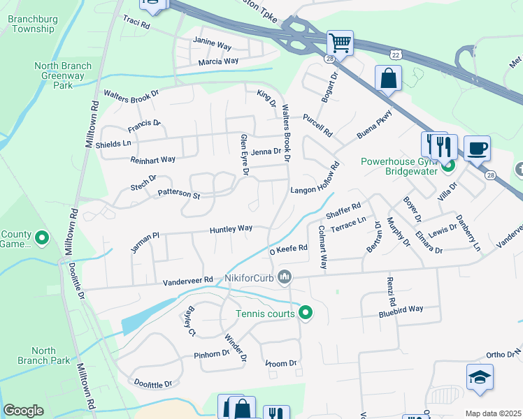 map of restaurants, bars, coffee shops, grocery stores, and more near 41 Huntley Way in Bridgewater Township