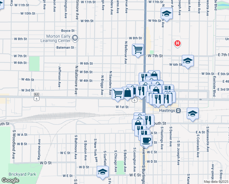 map of restaurants, bars, coffee shops, grocery stores, and more near 200-298 North Saunders Avenue in Hastings