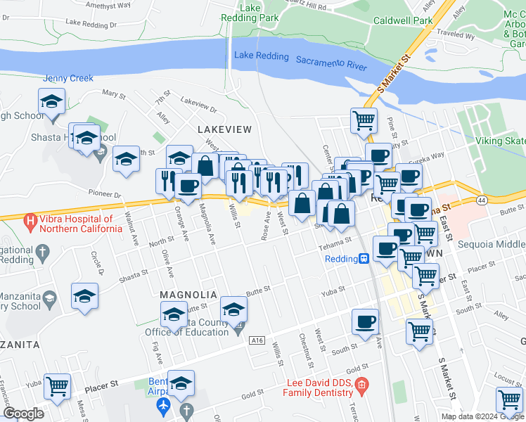 map of restaurants, bars, coffee shops, grocery stores, and more near 1933 Eureka Way in Redding