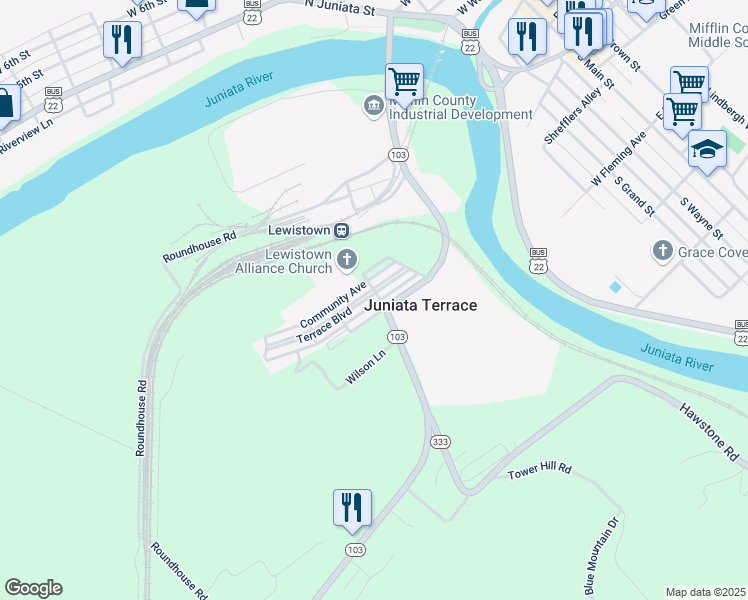 map of restaurants, bars, coffee shops, grocery stores, and more near 113 Terrace Boulevard in Lewistown