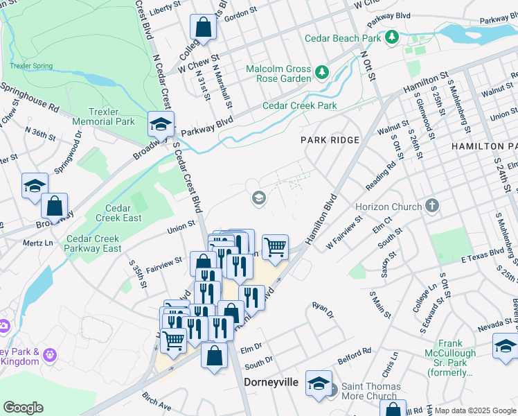 map of restaurants, bars, coffee shops, grocery stores, and more near 100 College Drive in Allentown