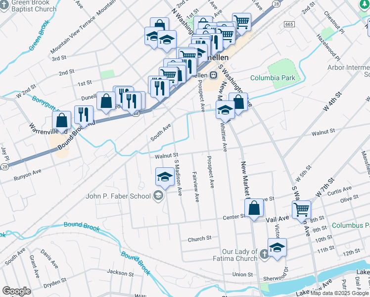 map of restaurants, bars, coffee shops, grocery stores, and more near 726 Walnut Street in Dunellen