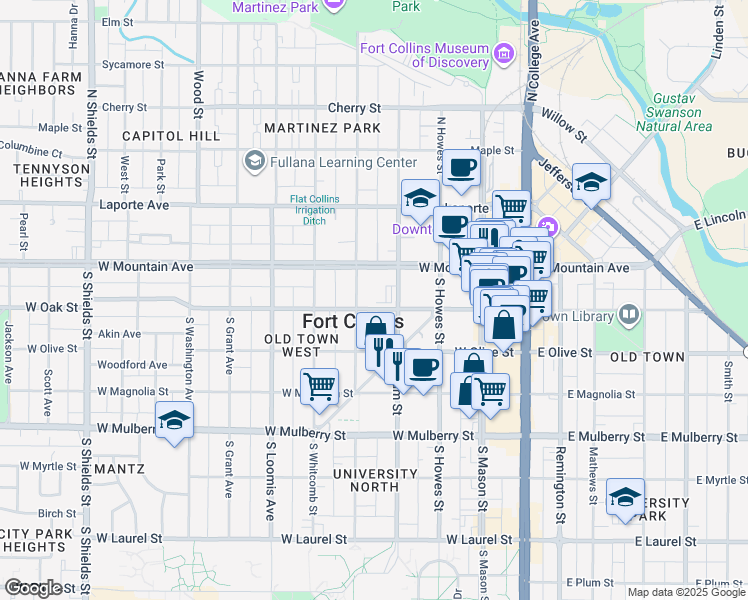 map of restaurants, bars, coffee shops, grocery stores, and more near in Fort Collins