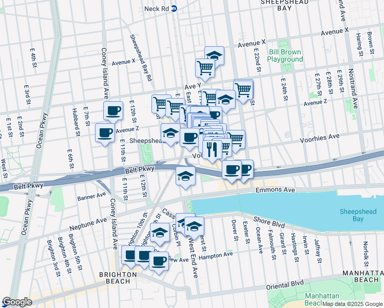 map of restaurants, bars, coffee shops, grocery stores, and more near 1513 Voorhies Avenue in Brooklyn