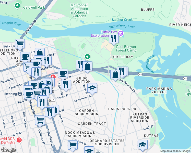 map of restaurants, bars, coffee shops, grocery stores, and more near 733 Butte Street in Redding