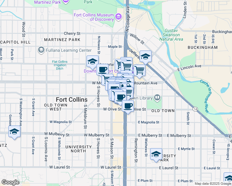 map of restaurants, bars, coffee shops, grocery stores, and more near 119 West Oak Street in Fort Collins