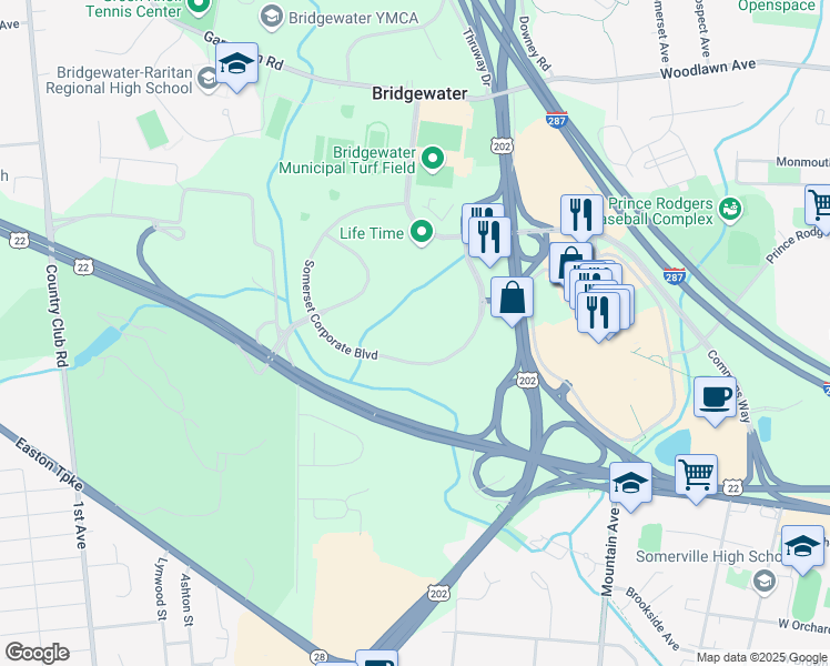 map of restaurants, bars, coffee shops, grocery stores, and more near 200 Somerset Corporate Boulevard in Bridgewater