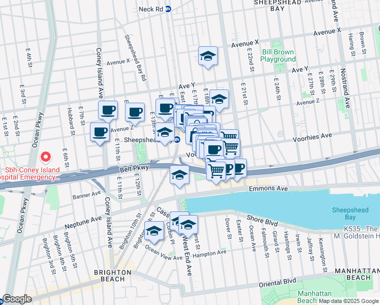 map of restaurants, bars, coffee shops, grocery stores, and more near 2700 East 16th Street in Brooklyn