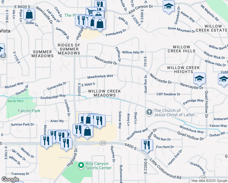 map of restaurants, bars, coffee shops, grocery stores, and more near 2183 Falcon Way in Sandy