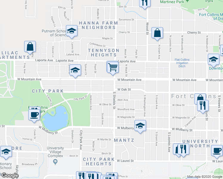 map of restaurants, bars, coffee shops, grocery stores, and more near 1106 West Oak Street in Fort Collins