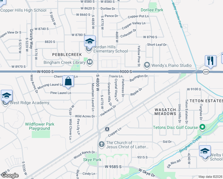 map of restaurants, bars, coffee shops, grocery stores, and more near 9107 Granada Hills Drive in West Jordan